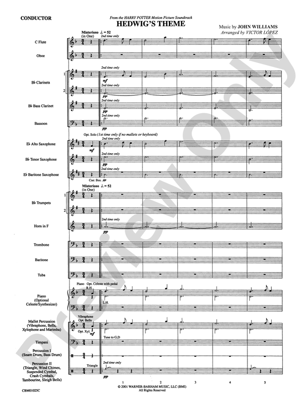 Hedwig's Theme (from Harry Potter) - Concert Band Conductor Score & Parts (Digital Download)