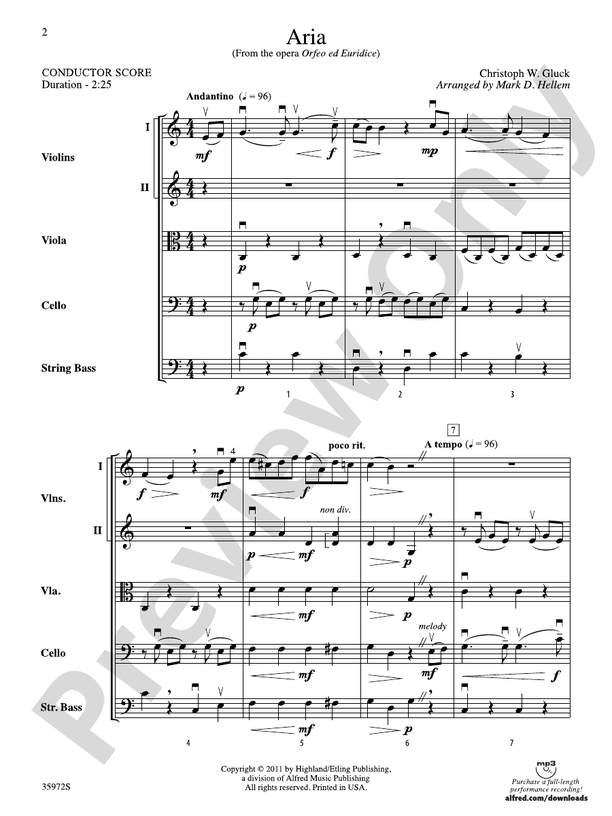 Aria (from the opera Orfeo ed Euridice) – String Orchestra Conductor Score & Parts (Digital Download)