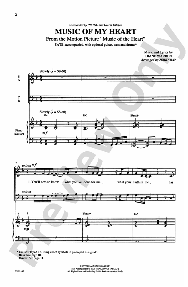 Music of My Heart (as Recorded by *NSYNC and Gloria Estefan) – SATB Choral Octavo (Digital Download)