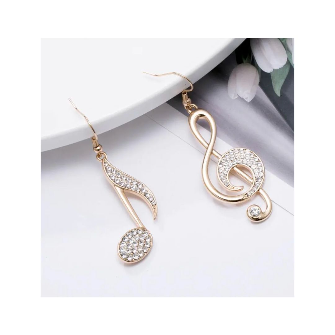Gold Drop Earrings with Treble Clef and Quaver Shapes.
