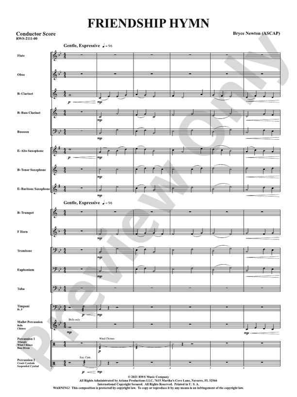 Friendship Hymn - Concert Band Conductor Score & Parts (Digital Download)
