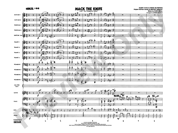 Mack the Knife (from The Threepenny Opera) Arr. Sammy Nestico - Jazz Ensemble Conductor Score & Parts (Digital Download)