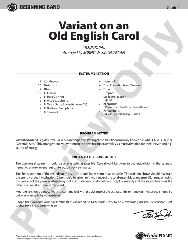 Variant on an Old English Carol - Concert Band Conductor Score & Parts (Digital Download)