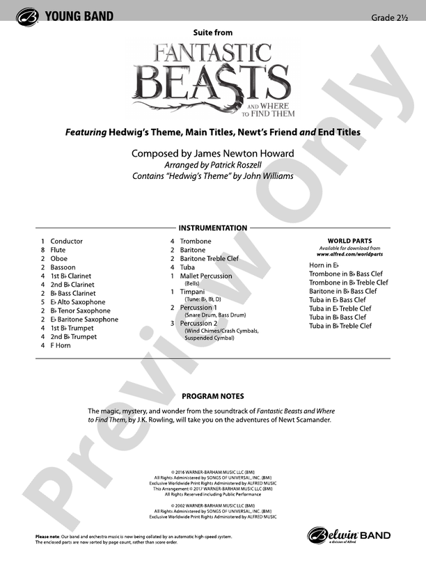 Suite from Fantastic Beasts and Where to Find Them - Concert Band Conductor Score & Parts (Digital Download)