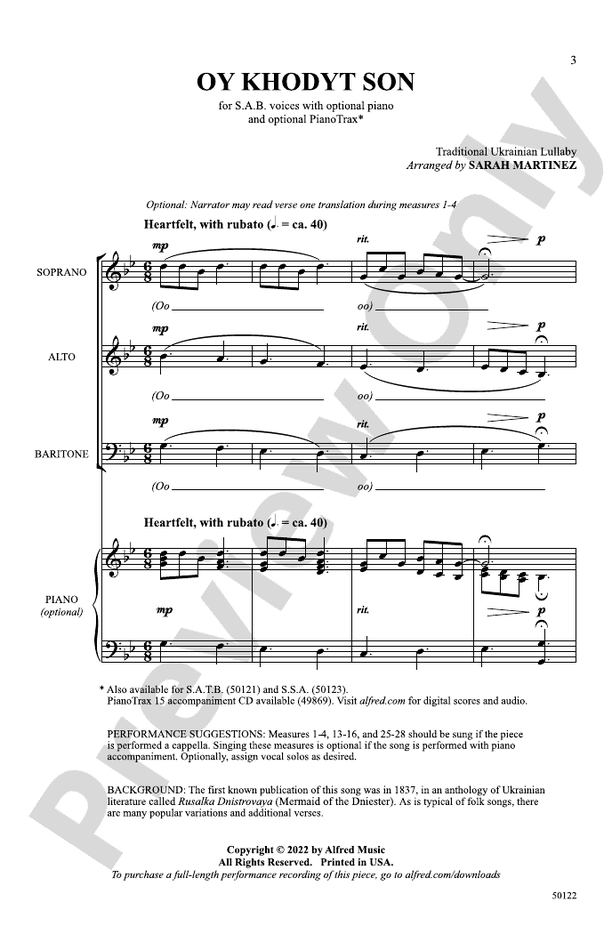 Oy Khodyt Son - SAB, A Cappella Choral Octavo (Digital Download)