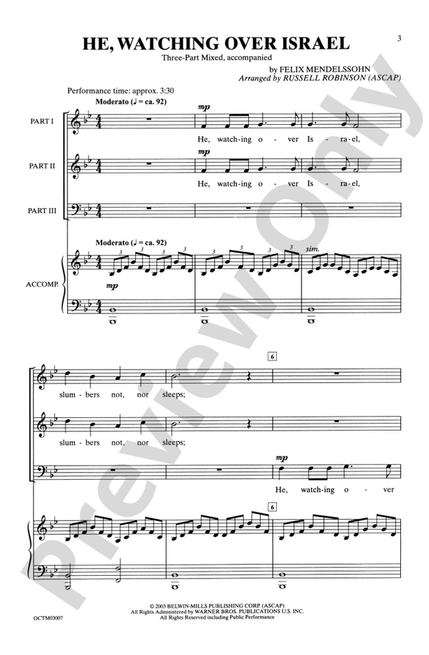 He, Watching Over Israel (Belwin Festival Series) - 3 Part Mixed Choral Octavo (Digital Download)