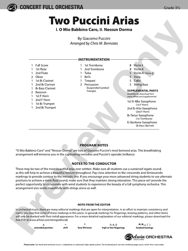 Two Puccini Arias – Full Orchestra Conductor Score & Parts