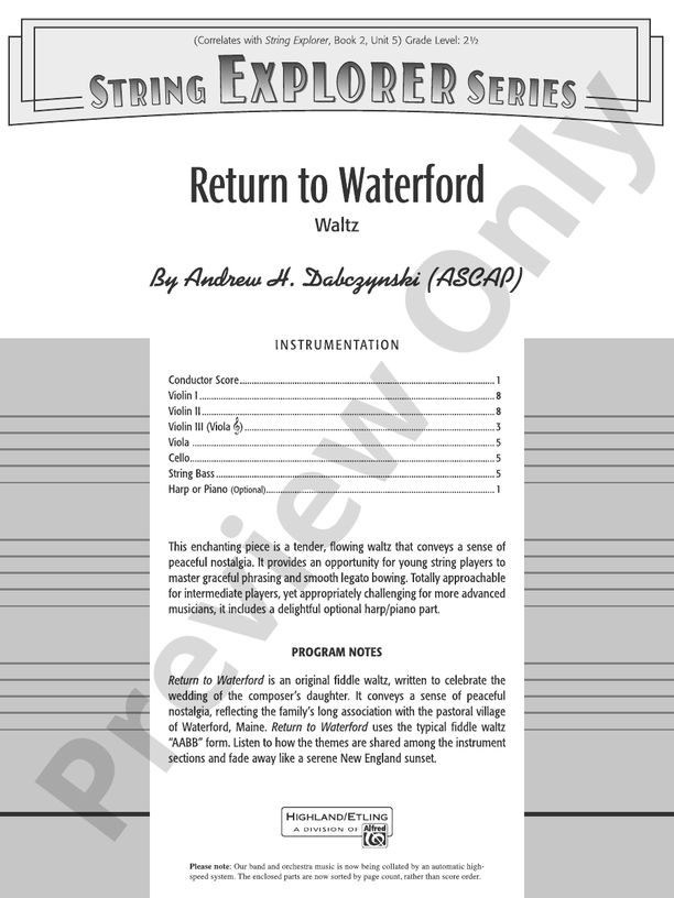 Return to Waterford - String Orchestra Conductor Score & Parts (Digital Download)