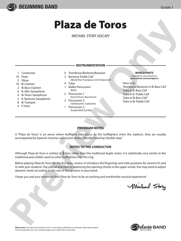 Plaza de Toros (Grade 1) - Concert Band Conductor Score & Parts (Digital Download)