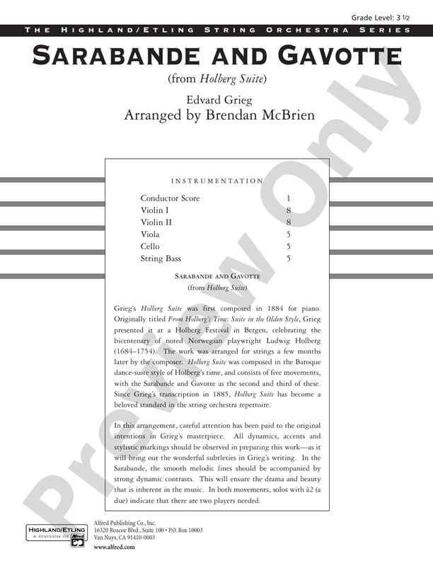 Sarabande and Gavotte – String Orchestra Conductor Score & Parts (Digital Download)