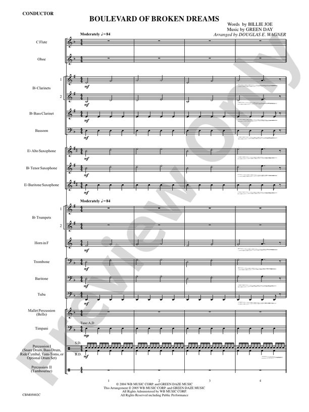 Boulevard of Broken Dreams - Concert Band Conductor Score & Parts (Digital Download)