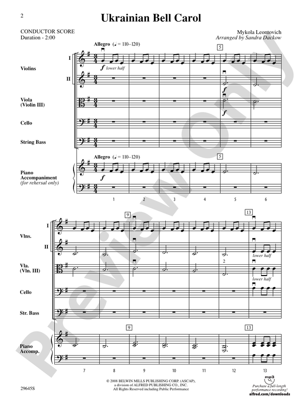 Ukranian Bell Carol – String Orchestra Conductor Score & Parts (Digital Download)