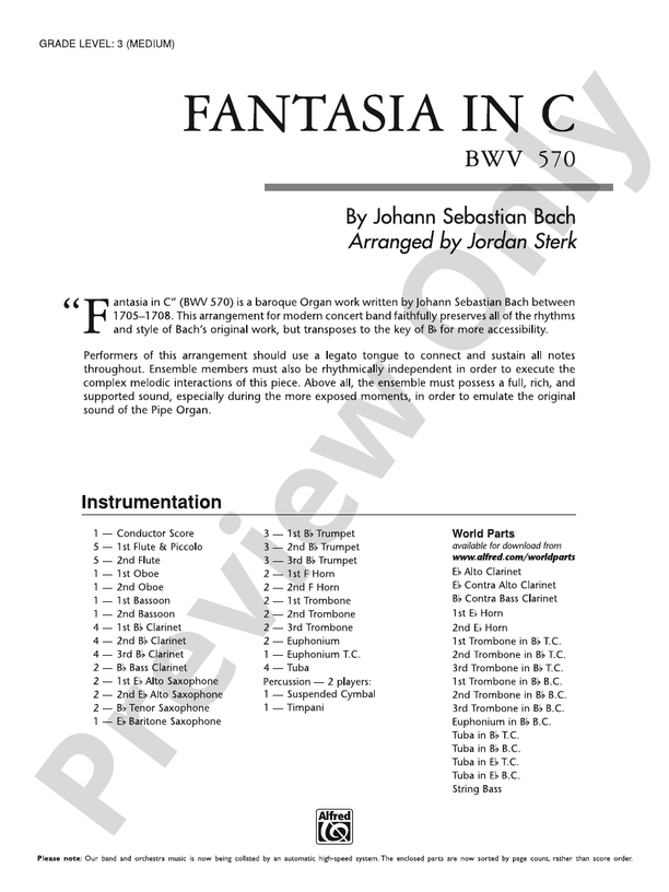 Fantasia in C - Concert Band Conductor Score & Parts (Digital Download)