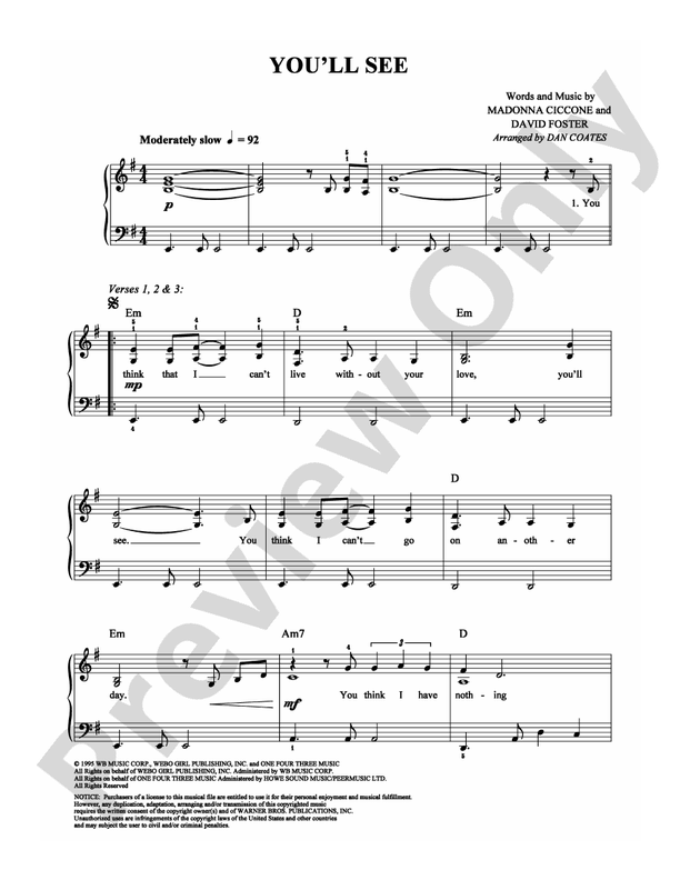 You'll See - Arr. Dan Coates - Easy Piano (Digital Download)