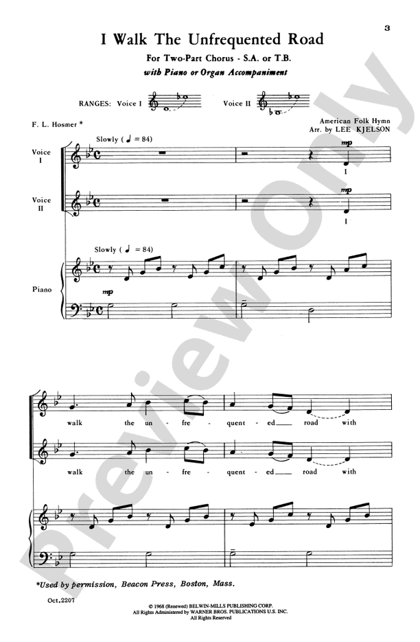 I Walk the Unfrequented Road – SA or TB Choral Octavo - Digital Sheet Music Download (Digital Download)