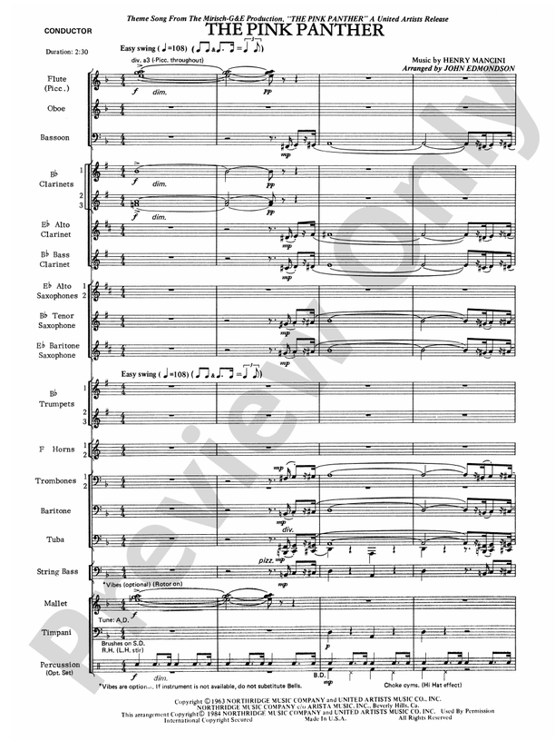 The Pink Panther (Arr. John Edmondson) - Concert Band Conductor Score & Parts (Digital Download)