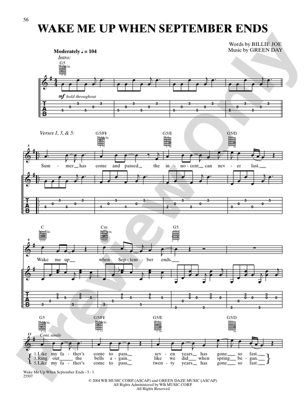 Wake Me Up When September Ends - Easy Guitar (Digital Download)