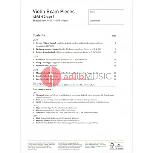 Violin Exam Pieces Grade 7, 2016-2019 - Score and Part - Various - Violin ABRSM