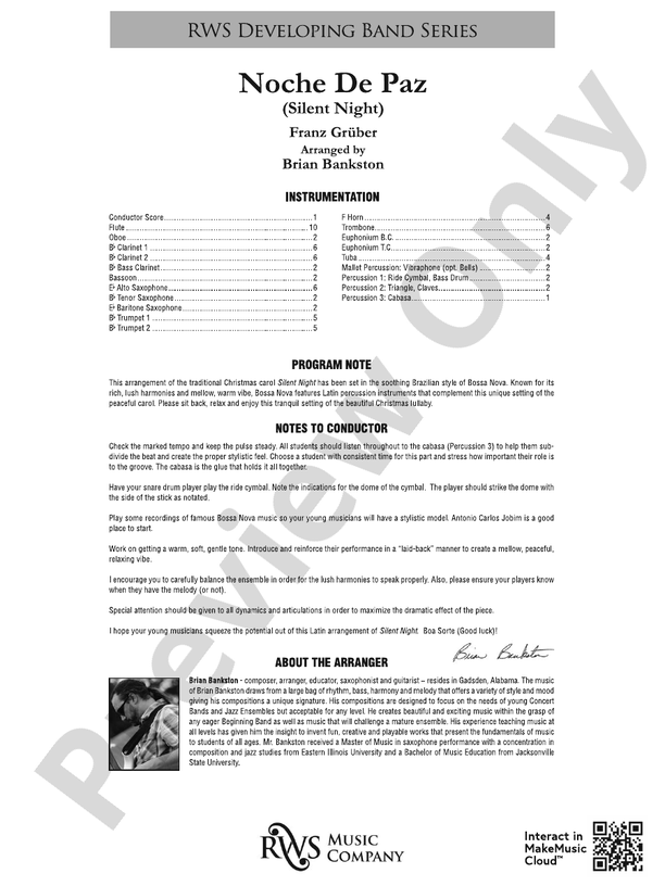 Noche de Paz - Silent Night - Concert Band Conductor Score & Parts(Digital Download)