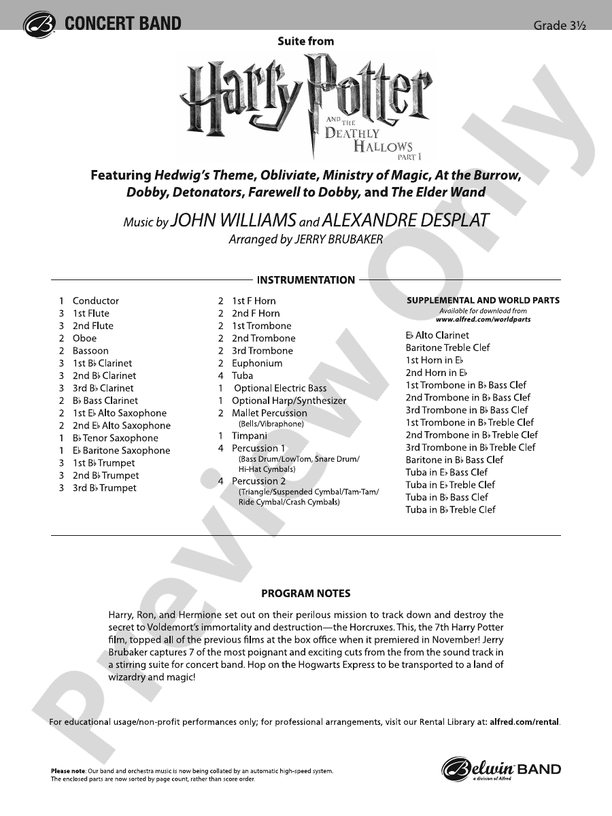 Harry Potter and the Deathly Hallows, Part 1, Suite from - Concert Band Conductor Score & Parts (Digital Download)