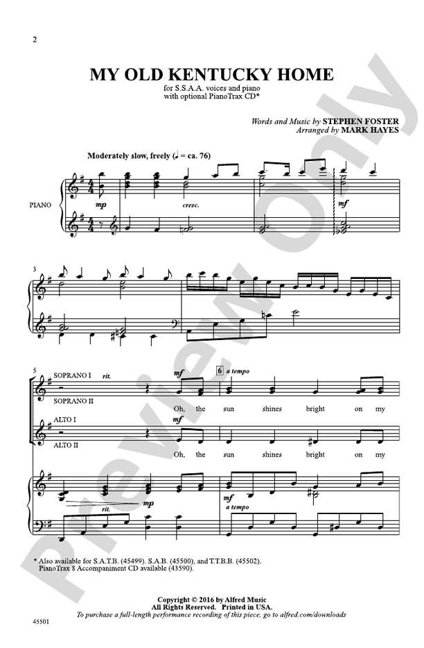 My Old Kentucky Home – SSAA Choral Octavo (Digital Download)