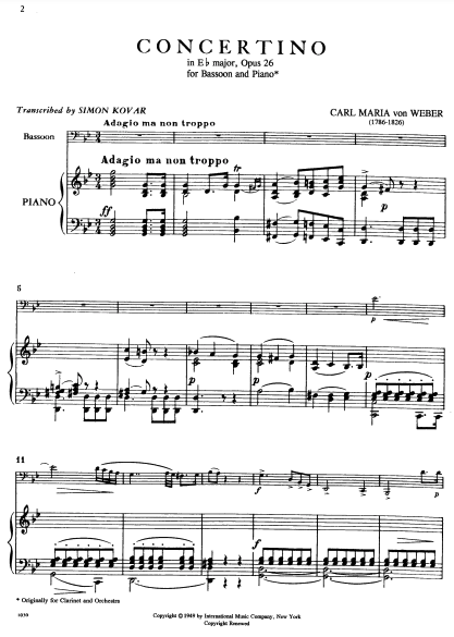 Weber - Concertino in Ebmaj Op26 -  Bassoon/Piano Accompaniment IMC IMC1030