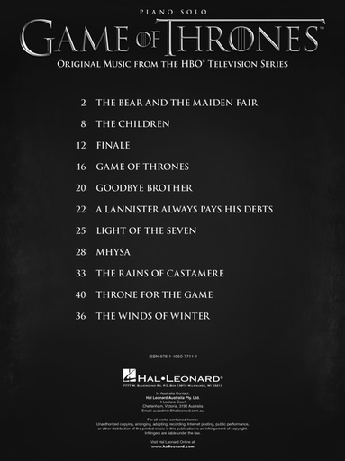 Game of Thrones Selections - Piano Solo Hal Leonard 199166