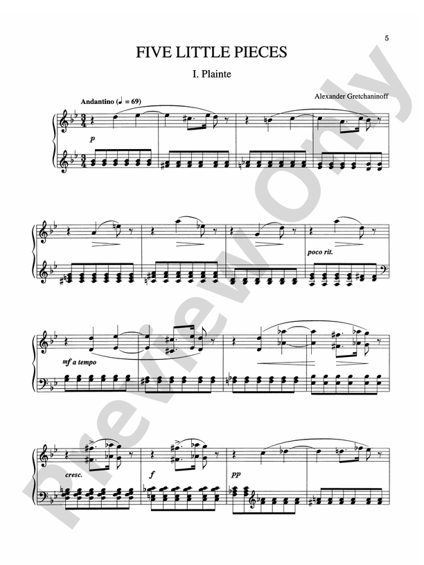 Gretchaninoff - Five Little Pieces, Op. 3 - Piano Solo (Digital Download)