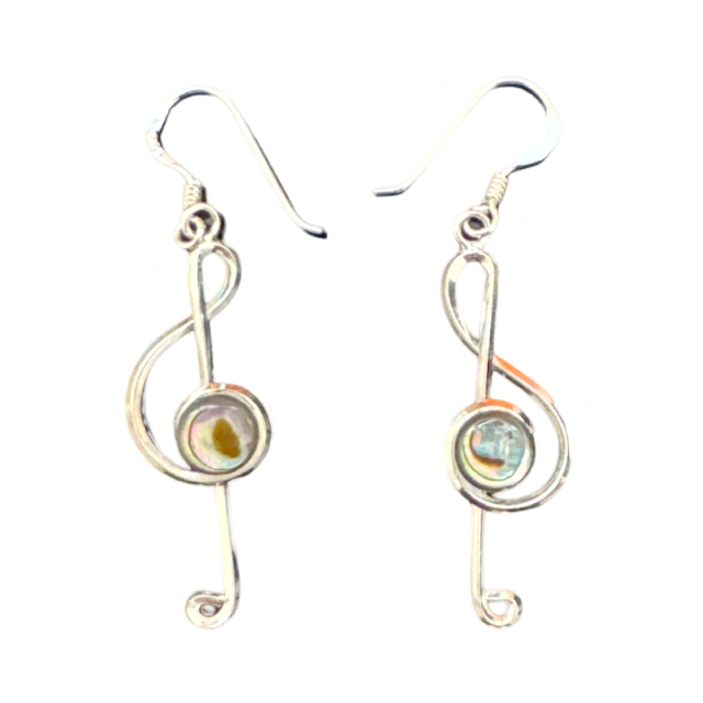 Treble Clef Drop Earrings Sterling Silver with Pearl Shell Inlay