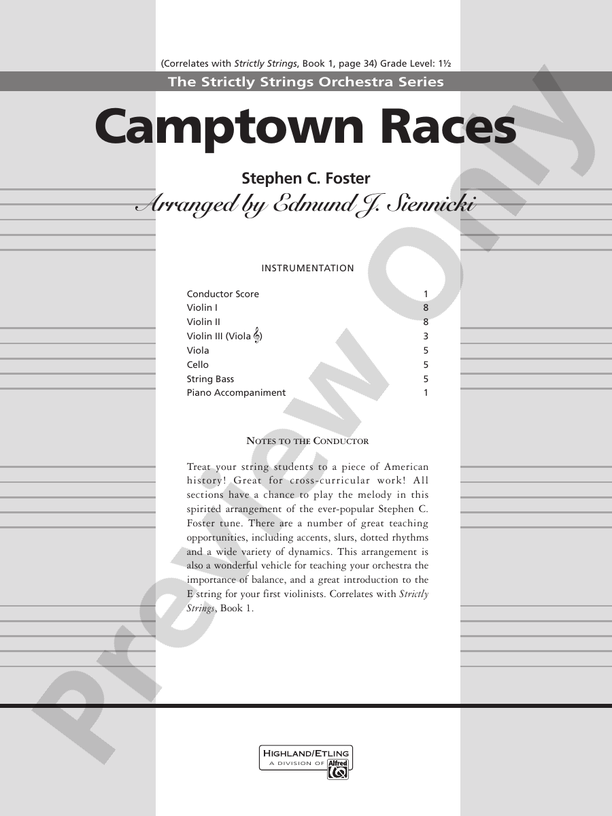 Camptown Races (Grade 1.5) – String Orchestra Conductor Score & Parts (Digital Download)