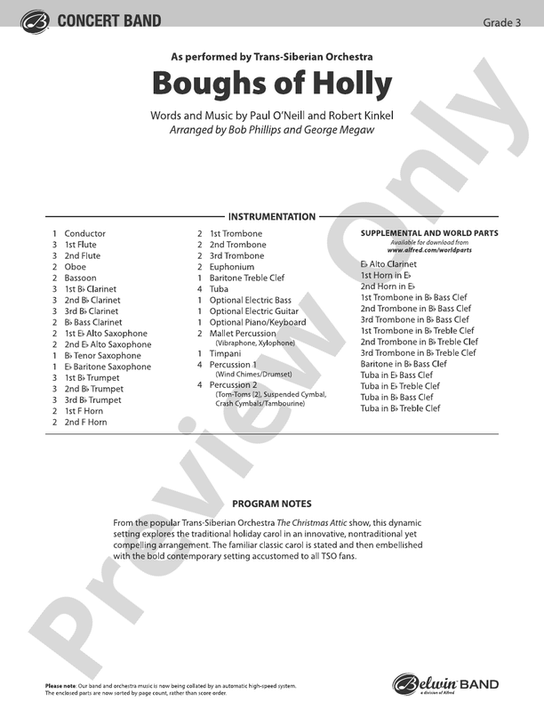 Boughs of Holly - Concert Band Conductor Score & Parts (Digital Download)