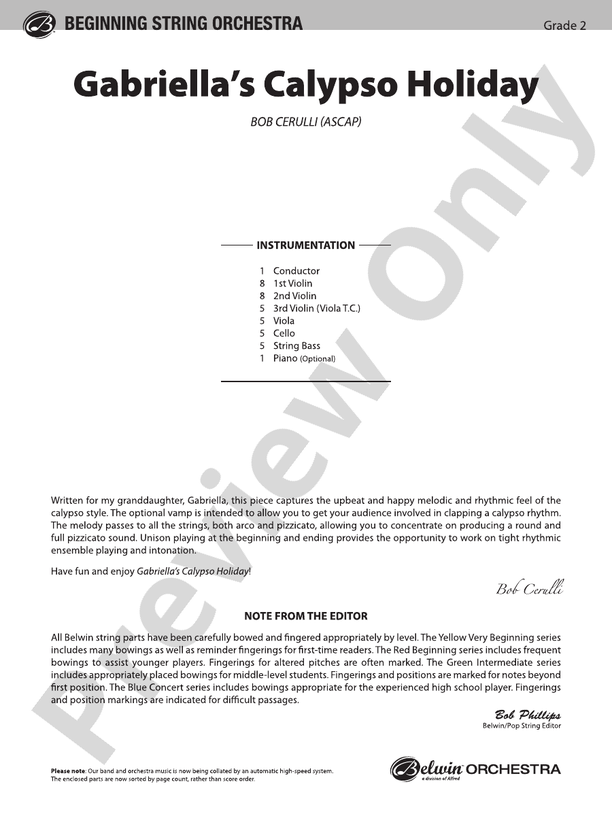 Gabriella's Calypso Holiday – String Orchestra Conductor Score & Parts (Digital Download)