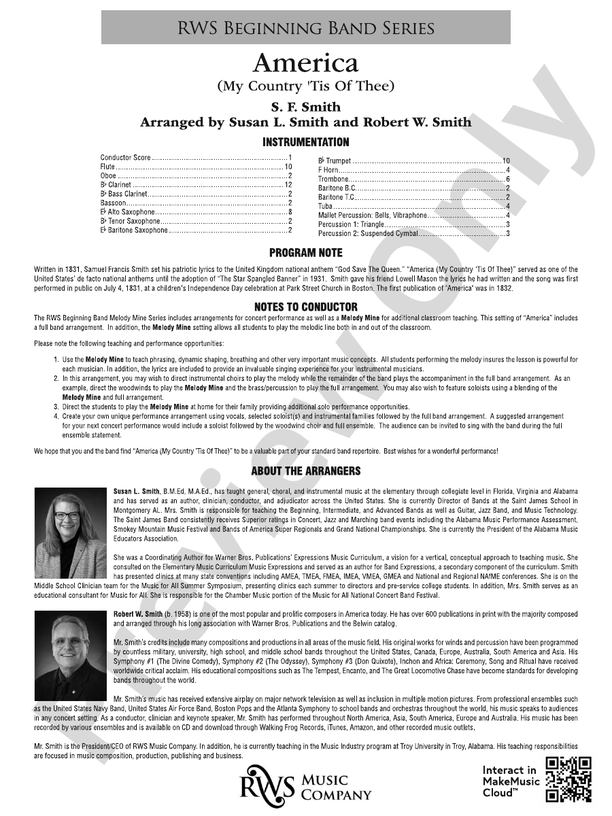 America: My Country 'Tis of Thee - Melody Mine - Concert Band Conductor Score & Parts (Digital Download)