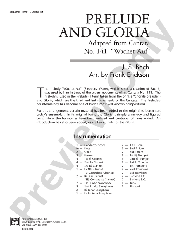 Prelude and Gloria (Adapted from Cantata No. 141 -- "Wachet Auf") - Concert Band Conductor Score & Parts (Digital Download)