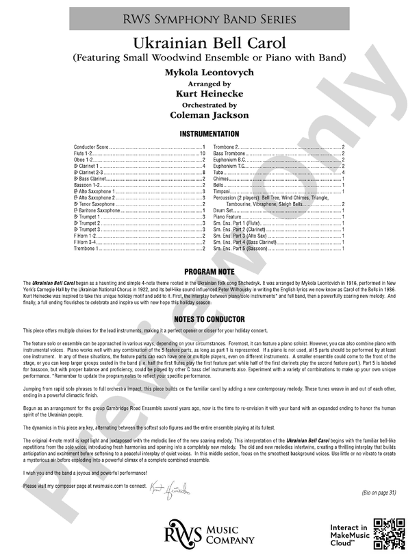Ukrainian Bell Carol (Featuring a Small Woodwind Ensemble or Piano with Band) - Concert Band Conductor Score & Parts(Digital Download)