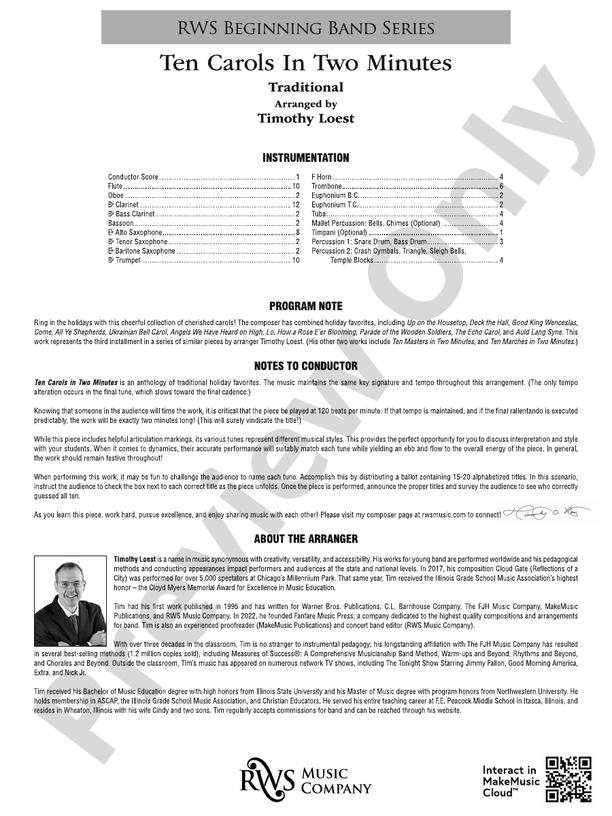 Ten Carols In Two Minutes - Concert Band Conductor Score & Parts(Digital Download)