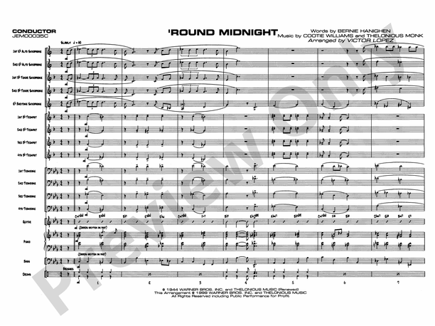 Musical Score Rond Round Midnight (Arr. Victor Lopez) - Jazz Ensemble Conductor Score & P