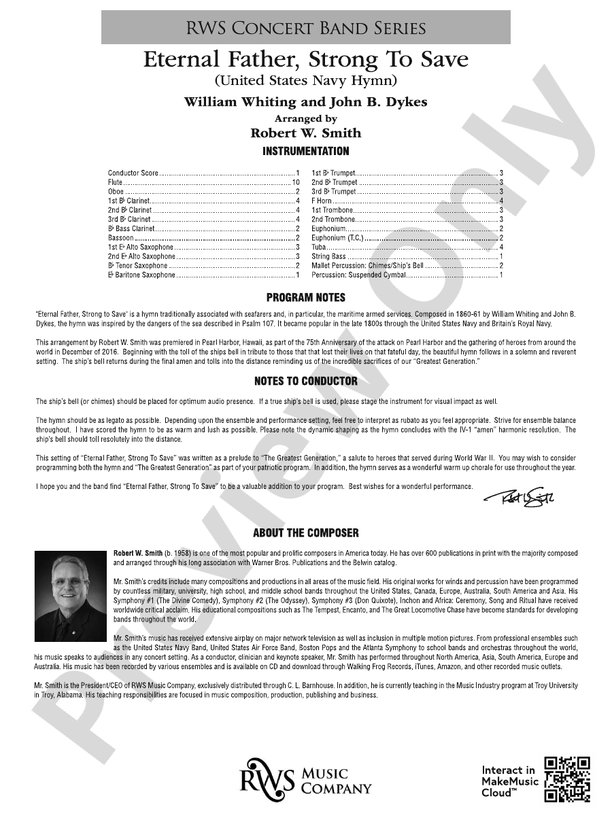 Eternal Father, Strong to Save - United States Navy Hymn - Concert Band Conductor Score & Parts (Digital Download)