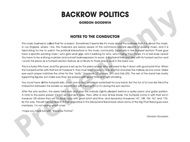 Backrow Politics (Grade 5) - Jazz Ensemble Conductor Score & Parts(Digital Download)