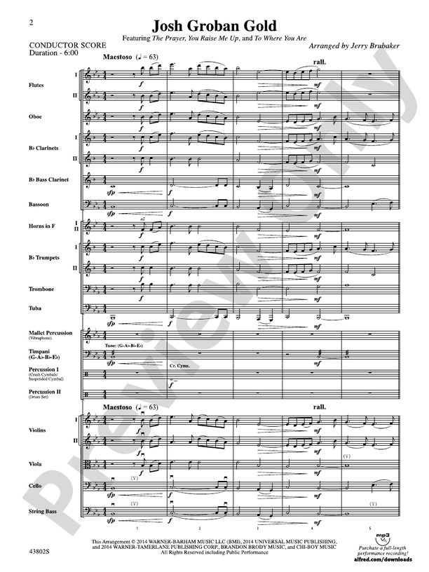 Josh Groban Gold - Full Orchestra Conductor Score & Parts (Digital Download)