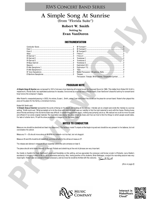 A Simple Song at Sunrise (from "Florida Suite") - Concert Band Conductor Score & Parts(Digital Download)