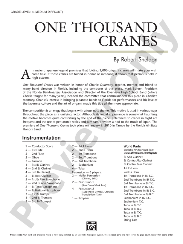 One Thousand Cranes - Concert Band Conductor Score & Parts (Digital Download)