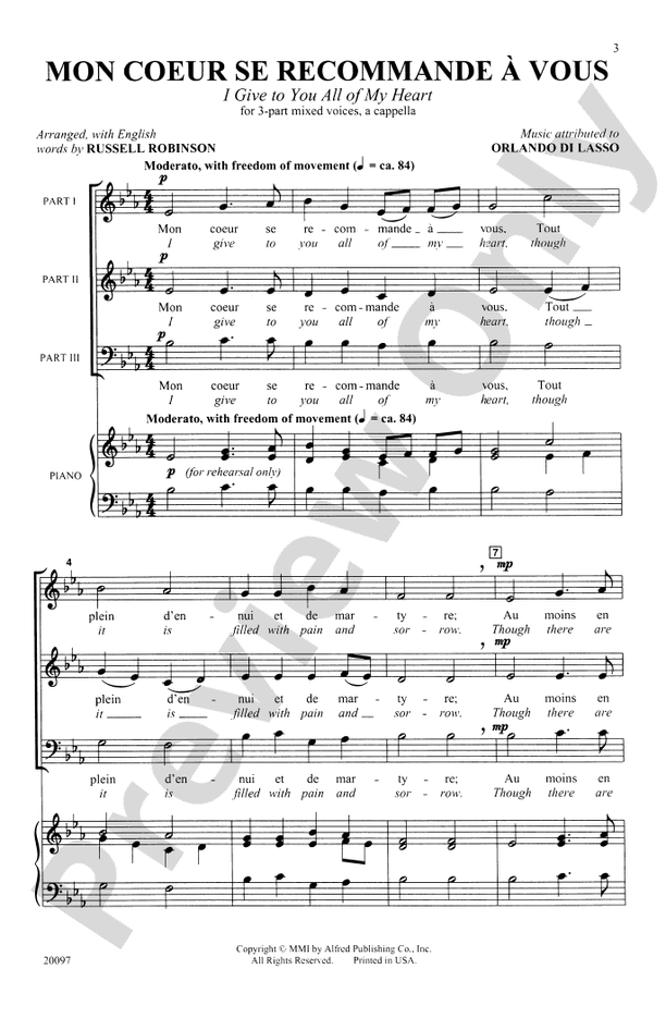 Mon Coeur Se Recommande à Vous (I Give to You All of My Heart) – 3-Part Mixed, a cappella Choral Octavo (Digital Download)