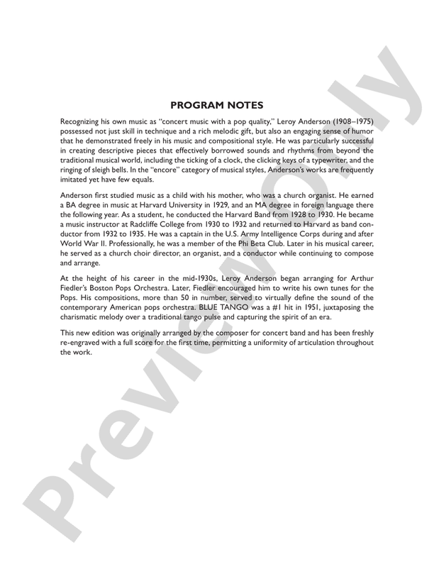 Blue Tango - Concert Band Conductor Score & Parts (Digital Download)