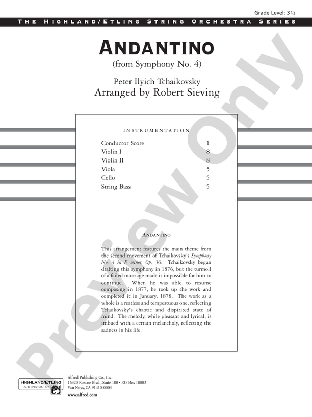 Andantino (from Symphony No. 4) – String Orchestra Conductor Score & Parts (Digital Download)