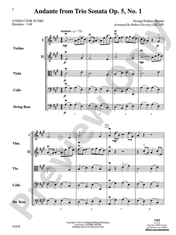 Andante from Trio Sonata Op. 5, No. 1 – String Orchestra Conductor Score & Parts (Digital Download)
