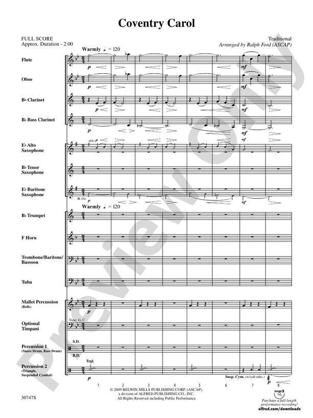 Coventry Carol (Grade 1) - Concert Band Conductor Score & Parts (Digital Download)