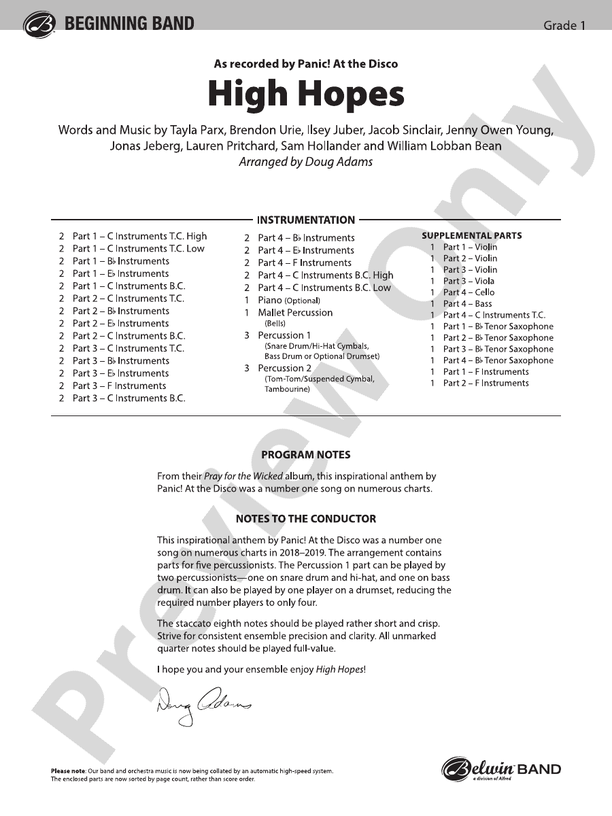 High Hopes (Flexible Arrangement) - Concert Band Conductor Score & Parts (Digital Download)