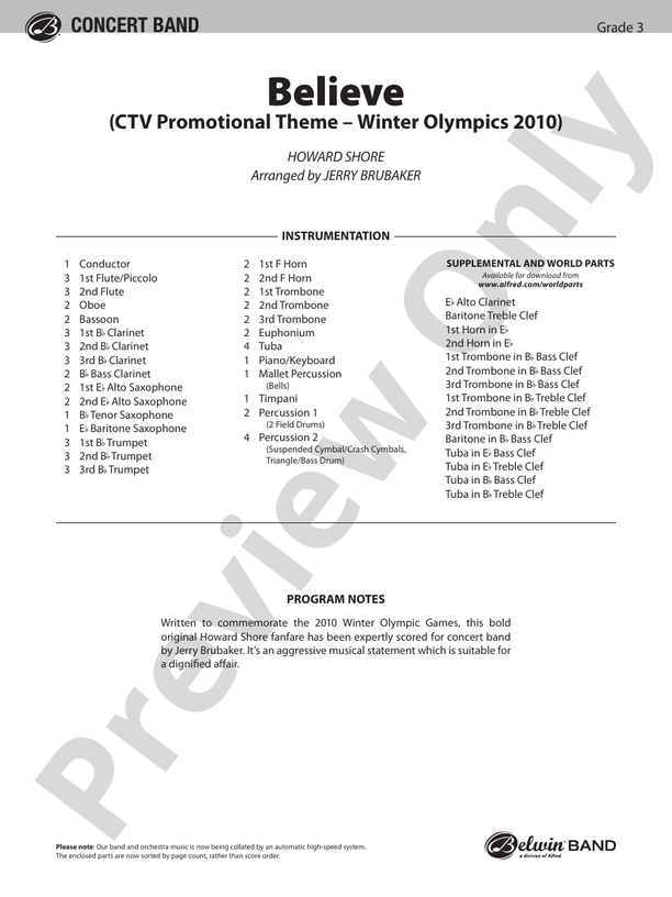 Believe (Winter Olympics 2010) Grade 3 - Concert Band Conductor Score & Parts (Digital Download)