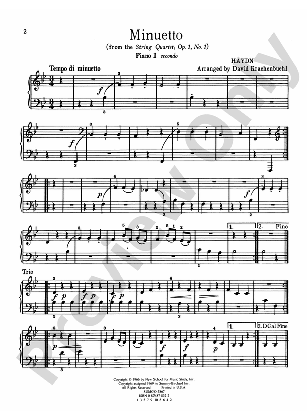 Minuetto from String Quartet, Opus 1, No. 1 - 2 Pianos, 8 Hands (Digital Download)